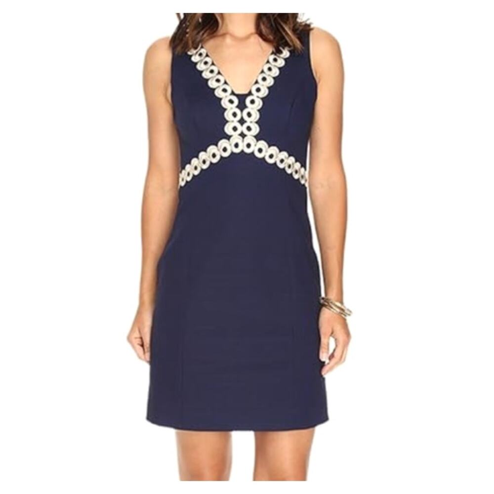 LILY PULITZER Esme Navy Blue Shift Sheath Gold Dress Size 4 23215 EUC